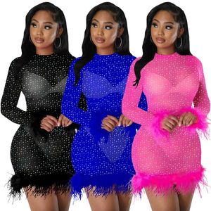 Casual Dresses Four Seasons Party Birthday Beauty Dress Back Zipper Sequined High-elastic Polyester Mesh Feather Long-sleeved Sexy DressCasu