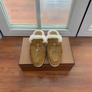 مصمم إيطاليا Loropiana Shoes Lefu Shoes Women 22 Autumn and Winter Leature Legle Lp With With Darm Plush Bottom Beans