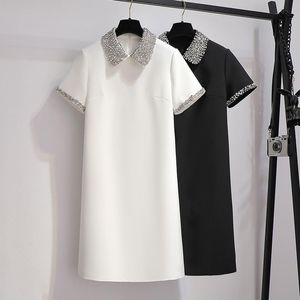 Vestidos casuais chiques brilho de diamante de diamante Peter Pan Collar Women Short Summer Summer Fashion Office Lady Treve Simple 230214