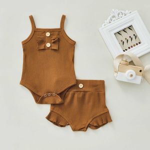 Clothing Sets Infant New Baby Girls Casual Outfits Suit Solid Color Cotton Sleeveless Sling Romper TopsRuffled Shorts PCS Toddler Set