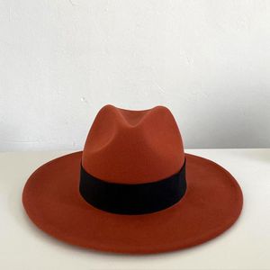Stingy Brim Hats Korean Custom Brick Red Jazz Hat For Women Winter Wool Fedora Casual Keep Warm Black Ribbon Fascinator