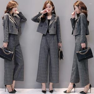 Women's Two Piece Pants Blazer Tops Women Clothing Short Suits And Long Trousers Set Grid Vintage Pant Sets Jackets 2 Pieces Work Office