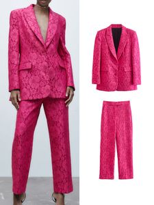 Calças de duas peças femininas Traf Ladies Lace Taber Blazer Suit Spring Autumn 2pcs Roupa de escritório de jaqueta sólida calça de jaqueta Basic Long Pant Outwear 230214