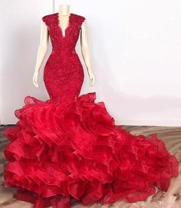 2023 Sexy Royal Blue Red Prom Dresses Organza Skirt V Neck Ruffles Tiered Lace Appliques Crystal Beads Mermaid Evening Gowns Party Gowns Sweep Train