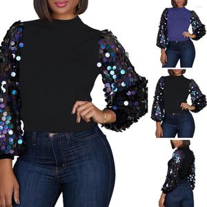 Kvinnors T -skjortor Fashion Women Mock Neck Stitching Sequined Long Puff Sleeve Blus Crop Top Loose Clothing Casual Shirt Femme 2023
