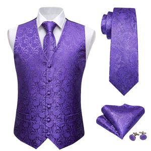 Men's Vests Purple Suit Vest Fashion Designer Men Violet Floral Jacquard Folral Silk Waistcoat Handkerchief Tie Set Barry.Wang M-2023