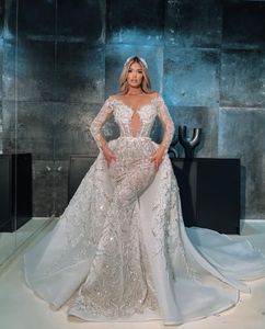 Abiti da sposa a sirena di lusso maniche lunghe scollo a V applicazioni di pizzo 3D paillettes diamanti in rilievo sexy treno staccabile lunghezza del pavimento abiti da sposa taglie forti abiti da sposa