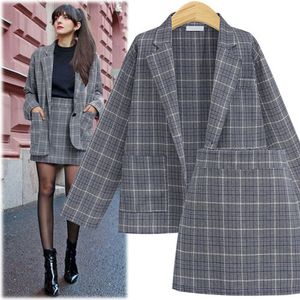 Duas peças vestidos femininos de terno conjuntos de outono elegante escritório xadrez de mangas compridas com calça de bolso de peito de peito único Terno de saia formal Skirt Conjunto 230213