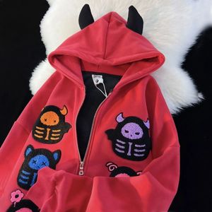 Womens Hoodies Sweatshirts Harajuku Little Demon Women Devil Horn Design Sweater Student Top Goth Sweatshirt High Street Zip Up Hoodie Y2k Clothes 230214