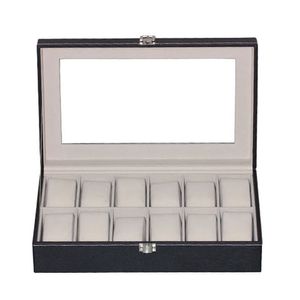 Watch Boxes Cases 12 Grids Leather Display Case Holder Black Storage Glass Jewelry Organizer for Men Women Gift 230214