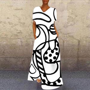 Casual Dresses Ladies Elegant Abstract Girl Printed Party Short Sleeve V Neck Long Summer Loose Plus Size A-Line