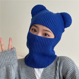 Berets Funny Balaclava Winter Cute Bear Ears Knitted Hat Women Warm Full Face Cover Ski Mask Men Outdoor Sport Windproof Beanies 230214