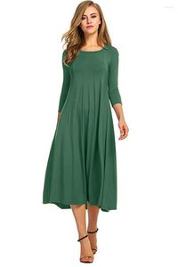 Sukienki swobodne 2023 damskie długi rękaw okrągły szyja zwykła sukienka T-shirt Szybka koloru plisowana luźna luźna odzież uliczna z kieszeniami