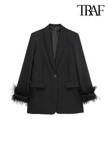 Ternos femininos Blazers traf mulheres moda com penas botão frontal blazer casaco vintage de manga longa bolsos de aba