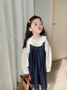 Set Lzh Autumn New Clothing Set Cute Denim Suspender Dress Lace Shirt Twopieces Suits For Baby Girls Clothes Years