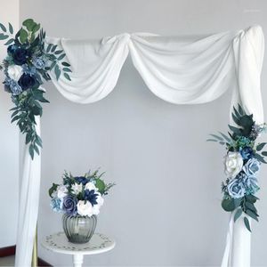 Decorative Flowers 2 Pcs Blue Artificial Set Wedding Arch Backdrop Fake Flower Row Wall Hanging Corner With DraperyParty Decor