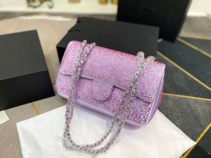 Klasik Rhinestone mini flep çantalar renkli çok renkli lazer orijinal deri çantalar altın gümüş metal zincir crossbody çanta lüks tasarımcı omuz çantası