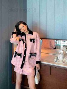 Tv￥delad kl￤ddesigner High-End Thousand Bird Pattern Pretty Pink Bowknot Celebrity Style Coat Half-Set Set 0b8o