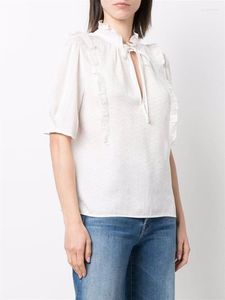 Women's Blouses Silk Women's Ruffles Trim Lace-up Letter Jacquard Shirt 2023 White Or Black Female Short Sleeve Chemise
