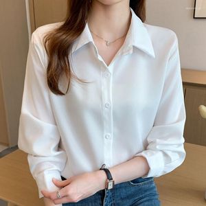 Blouses feminina Moda Feminina 2023 Camisetas básicas de manga longa brancas Mulheres top e chiffon Butter Button Solid Office Wear 1601