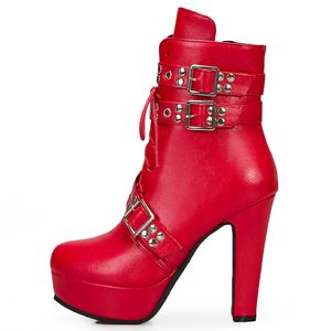 Stiefel Rot Gelb Weiß Frauen Stiefeletten Plattform Lace Up High Heels Kurze Stiefel Weibliche Schnalle Herbst Winter Sexy Männer schuhe Große Größe 230214