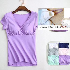 Women's T Shirts Summer Women Cotton V Neck Fitness Chest Pad GYM Fit Tees T-shirt Lady Wireless Wire Free Bra Tops