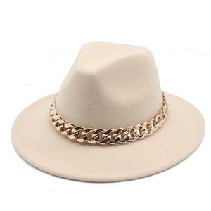 Wide Brim Hats Bucket Fedora for Women Men Thick Gold Chain Band Felted Jazz Cap Winter Autumn Panama Red Luxury Chapeau Femme 230214
