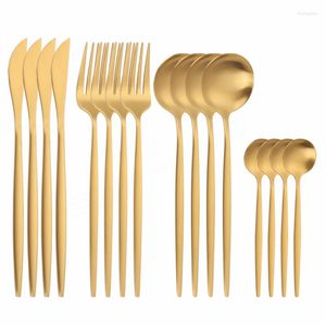 Servis uppsättningar gyllene bestick rostfritt stål set matt bordsartiklar skedar gafflar knivar 16st guld kök middag