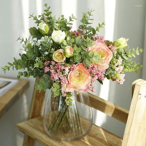 Flores decorativas 6pcs/pacote híbrido artificial rosa bouquet Fake Baby's Breath Eucalyptus Greenery para Casamento Bridal Home Office