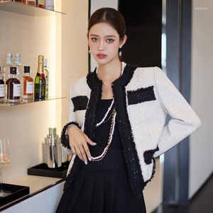 Women's Jackets Black White Contrast Color Sequined Women Tweed Retro Formal Good Quality Lady Casual Office Coat Clothing