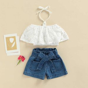 Sets Mode Sommer Kleinkinder Girls Outfits Anzug Massives Spitzenhäkelhalter Hals T -Shirtwaist Belt Denim Shorts PCs Kleidungsset