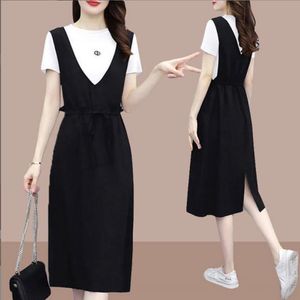 Casual Dresses O-neck Above Knee Mini Letter Empire Pullover Belt Short Sleeve Women's Clothing Summer Patchwork All-match Trend