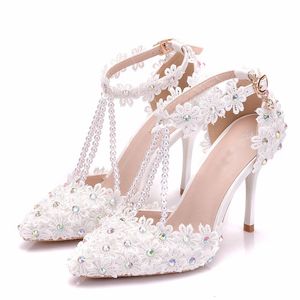 Fashion Lady Wedding Dress Shoes Pointed Toe AB Diamonds Heels Bridal Shoes White Lace Sandals High Heels Party Prom Pumps