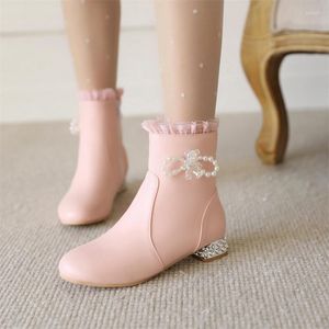 Платье обувь YqBtdl Lolita Style Sweet Pearls Bowknot Angle Boot Sups Осени зима 2023 Блок каблуки розовые белые пэчворки Женщины