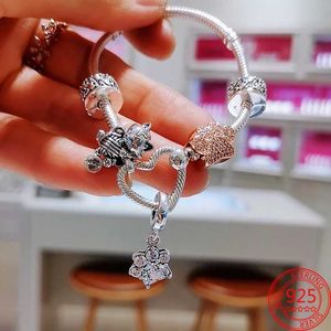 Real 925 Sterling Silver Sparkly Pet Paw Charm Pendant, Cat Dog Bone Charms Bead Fit Original Pandora Bracelet Women Jewelry