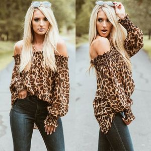 Womens Blouses Shirts Leopard Print Long Sleeve Off Shoulder Loose Casual Blouse Tops Clothes 230214