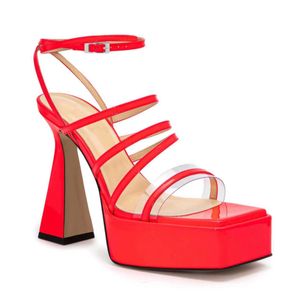 Yüksek Topuklu Sandalet Kalın Platform Tasarımcı Ziyafet Ayakkabı Lüks Kadınlar 9.5cm Şarap Kupası Topuk Elbise Ayakkabı Klasik Patent Derecilik Dekoratif Resmi Ayakkabı 35-41