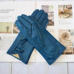 Mittens Colorful Leather Gloves Women Fashion Simple Style Velvet Lining Autumn Winter Warm Ladies Sheepskin Finger Gloves 230214