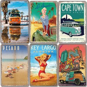 Vintage Beach Bus Tin Signs Metal Plaque Retro Summer Travel Poster Dekorativ platta Väggdekor för havsbar hus Motellrum Väggdekor Landskap Storlek 30x20 W01