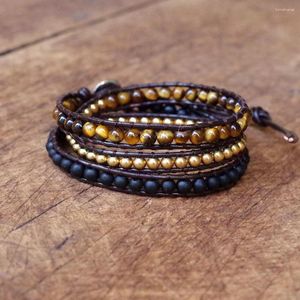 Charmarmband DIY Handgjorda smycken för kvinnor Män Multilayer Leather Armband Natural Stone 4mm Tiger Eye Pärlor