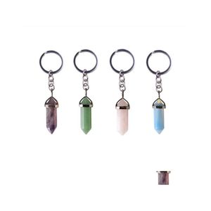 Nyckelringar Natural Stone Hexagonal Prism Keychains Healing Amethyst Pink Crystal Car Deced Chain Keyholder For Women M￤n sl￤pper DHJ8B