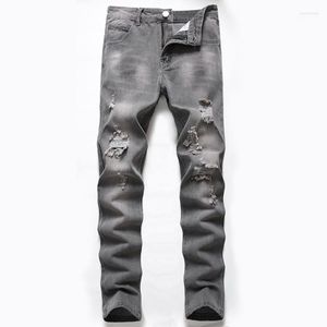 Jeans da uomo Pantaloni strappati in cotone Pantaloni hip-hop grigi Cowboy per uomo Abbigliamento a matita gamba dritta Naom22