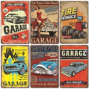 Garagem Art Painting Poster Metal Tin Sign Placa Vintage Wash Pneus Service Retro Metal Sinais de garagem Reparo de carro Homem caver