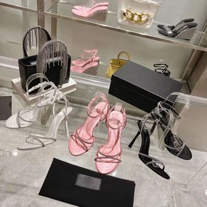 2023 Tasarımcı Saf Renkli Rhinestone Yüksek Topuk Sandals Lüks Lüks Deri Siyah Beyaz Pembe Açık Ayak Parmağı Kristal Sandal Ladys Seksi Moda Strappy Stiletto Topuk Ayakkabı