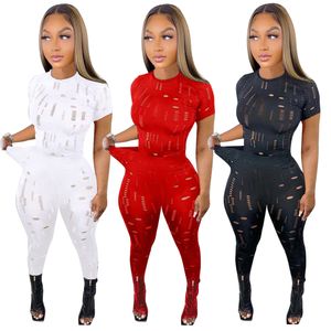 2023 Designer Tracksuits Summer Two Piece Sets Womens Outfits Ripped Sprotswear Short Sleeve Pullover T-shirt and Pants Casual holes Sports suits Wholesale 9272