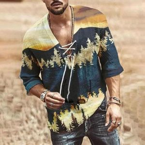 Men's T Shirts Men V Neck Printed Short Sleeve T-Shirt Casual Loose Henley Medieval Lace Up Tops Blouse Tunic Outdoor Tee A50