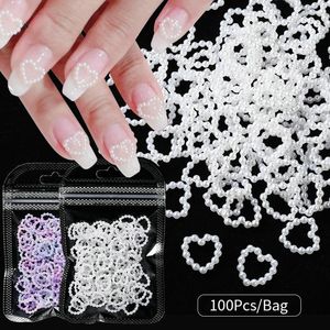 Nail Art Decorations 100Pcs/Bag Hollow Heart Pearl Charms White Pink Purple Round Flatback 3D Decoration DIY Accessories