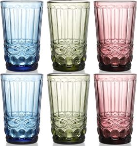 Copos de água coloridos Copos antigos para beber Copos românticos em relevo Copos de vidro coloridos Sumos de água Barras de bebidas
