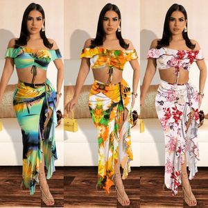 Two Piece Dress Summer New Floral Long Skirt Suit Female Wipe Chest One Line Shoulder Ben Ear Sexy Belly Showing Two-piece Set