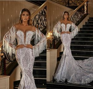 Sukienka ślubna Blish South African Luxury Sukienki syreny frezowanie Tassel długie rękawowe suknie ślubne Vestido de novia Sexy Illusion Srain